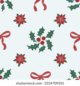 Seamless pattern with hand drawn Christmas elements. Holly leaves with berries, poinsettias, and decorative red bows on blue background. Vector design