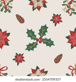 Seamless pattern of hand drawn Christmas motifs including poinsettias, holly leaves with berries, mistletoe bunches tied with bows, and pinecones on beige background