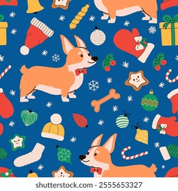 seamless pattern hand drawn christmas background with cute corgi dog print vector