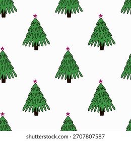 Patrón sin fisuras con árboles de Navidad dibujados a mano sobre fondo blanco. Diseño para papel de embalaje, textil, tela. Decoración feliz del año Nuevo.