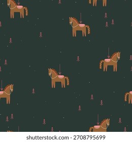 Padrão contínuo com brinquedos de natal desenhados à mão, cavalo, floco de neve e pinheiro rosa no fundo preto. Ilustração de Natal 
