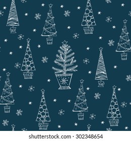 Seamless pattern with Hand Drawn Christmas trees and  snowflakes. Christmas And New Year  background. Vector illustration.
