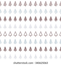 Seamless pattern with hand drawn Christmas tree. Doodle holiday background. Collection of 8 seamless borders saved in brushes panel. Hipster style. Vector illustration