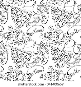 Seamless pattern with hand drawn Christmas lettering of congratulations, quotes and questions.