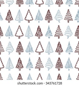 Seamless pattern with hand drawn christmas tree. Doodle holiday background. Gift wrapping paper. Hipster style. Vector illustration