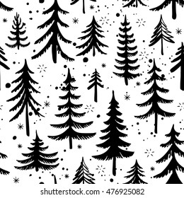 Seamless pattern of hand drawn Christmas tree. Winter forest background. Vector illustration.