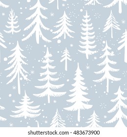 Seamless Pattern Of Hand Drawn Christmas Tree. Winter Forest Background. Vector Illustration.