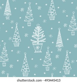Seamless pattern with Hand Drawn Christmas trees and snowflakes. Christmas And New Year background. Vector illustration.