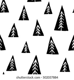 The seamless pattern with hand drawn Christmas trees. Beautiful unique background for your design. Vector artwork.