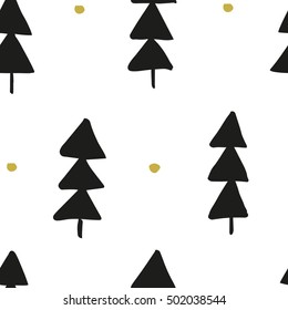 The seamless pattern with hand drawn Christmas trees. Beautiful unique background for your design. Vector artwork.