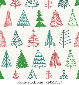 Seamless pattern with hand drawn Christmas tree. Abstract  doodle drawing winter wood. Vector art Holidays illustration