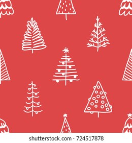 Seamless pattern with hand drawn Christmas tree. Abstract  doodle drawing winter wood. Vector art Holidays illustration