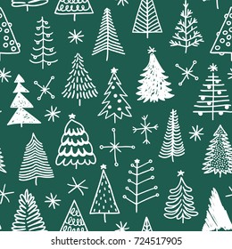 Seamless Pattern With Hand Drawn Christmas Tree. Abstract  Doodle Drawing Winter Wood. Vector Art Holidays Illustration