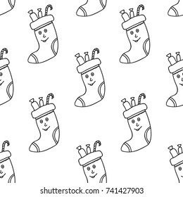 Seamless pattern from the hand drawn Christmas stocking with candies. Vector illustration