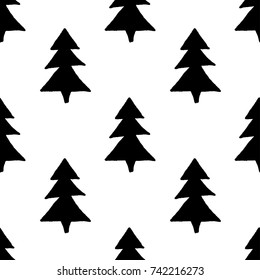 Seamless pattern with hand drawn Christmas trees. Black and white. Design for wrapping paper, textile, fabric, wallpaper.
