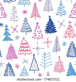 Seamless Pattern With Hand Drawn Christmas Tree. Abstract  Doodle Drawing Winter Wood. Vector Art Holidays Illustration