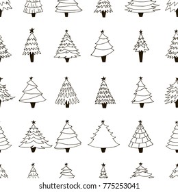 Seamless pattern with hand drawn Christmas trees. Contour drawing. Black and white vector illustration. Design for wrapping paper, textile, fabric. Happy New year decor. Winter collection