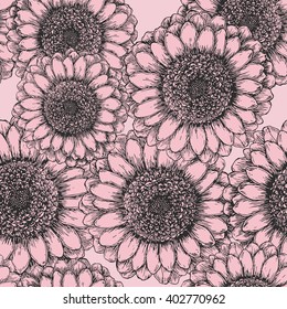 Seamless pattern with hand drawn chrysanthemum flowers. Abstract floral background