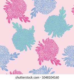Seamless pattern with hand drawn chrysanthemums flowers. Vector illustration Floral background 