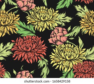 seamless pattern hand drawn with chrysanthemums on a dark background