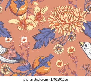 Seamless pattern with hand drawn chrysanthemums, persimmon fruits and birds