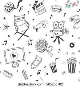 Seamless pattern with hand drawn cinema doodles, online cinema