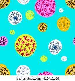 Seamless pattern with hand drawn circle doodle stylish elements. Vector abstract art illustration. Bright modern colors, disco.