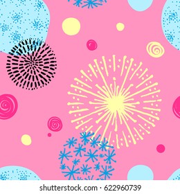 Seamless pattern with hand drawn circle doodle stylish elements. Vector abstract art illustration. Bright modern colors, disco.