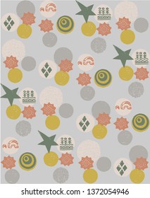 Seamless pattern with hand drawn circles and block printed elements