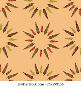 Seamless pattern with hand drawn circles with trees. Trees textured with strokes. Beige background. Clipping mask
