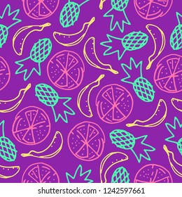Seamless pattern with hand drawn citrus fruits bananas, pineapples, oranges and grapefruits. Vector backgound.