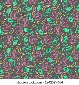 Seamless pattern with hand drawn citrus fruits bananas, pineapples, oranges and grapefruits. Vector backgound.