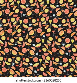 Patrón sin fisuras con cítricos dibujados a mano y vasos de cócteles y Suavizadores para el diseño de superficie, afiches, ilustraciones. Alimentos veganos sanos, tema de frutas tropicales