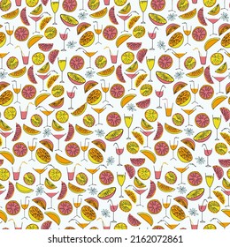 Seamless pattern with hand drawn citrus and glasses of cocktails and Smoothies for surface design, posters, illustrations. Healthy vegan food, tropical fruit theme