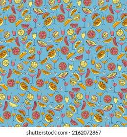 Patrón sin fisuras con cítricos dibujados a mano y vasos de cócteles y Suavizadores para el diseño de superficie, afiches, ilustraciones. Alimentos veganos sanos, tema de frutas tropicales