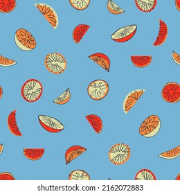 Seamless pattern with hand drawn citrus for surface design, posters, illustrations. Healthy vegan food, tropical fruit theme