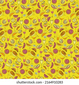 Seamless pattern with hand drawn citrus and glasses of cocktails and Smoothies for surface design, posters, illustrations. Healthy vegan food, tropical fruit theme