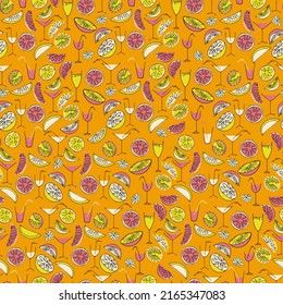 Patrón sin fisuras con cítricos dibujados a mano y vasos de cócteles y Suavizadores para el diseño de superficie, afiches, ilustraciones. Alimentos veganos sanos, tema de frutas tropicales