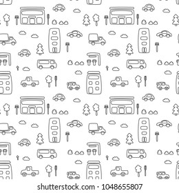 Seamless pattern with hand drawn city print. Cartoon skyscraper, cars, trees, traffic light. Vector illustration. Perfect for kids fabric, textile, nursery wallpaper.