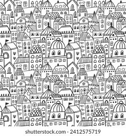 Seamless pattern with hand drawn city