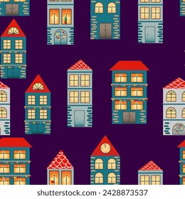Seamless pattern with hand drawn  city. Many cute different houses with red roof on purple background. Design for fabric, packaging paper, cover, banner, poster.