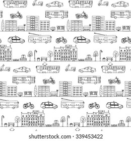 Seamless pattern with hand drawn city street elements. Vector illustration of urban transportation doodles for backgrounds, card, posters, textile prints, covers, fliers