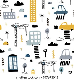 Seamless pattern with hand drawn city print. Cartoon skyscraper, cars, road sign,zebra crossing vector illustration.Perfect for kids fabric,textile,nursery wallpaper