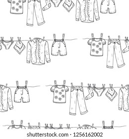 Seamless pattern with hand drawn clothes. Collection of sketched objects.  Home laundry service.  dried clothes