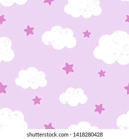 Seamless pattern with hand drawn cloud and star on purple background.