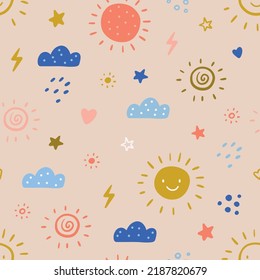 Seamless pattern with hand drawn cloud and sun. Trendy baby texture for fabric textile wallpaper apparel wrapping. Vector illustration