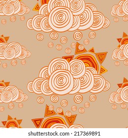 Seamless pattern with hand drawn clouds and Sun with rays. Clipping mask is used, vector illustration.