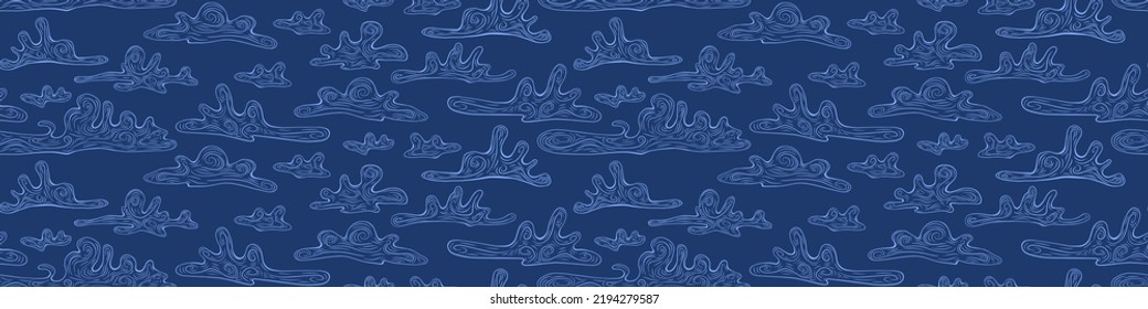 Seamless pattern with hand drawn clouds on dark blue background. Vector illustration.