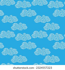 Seamless pattern with hand drawn clouds and sky. Stitch, knitted effect, detailed vector illustration