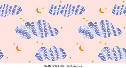 Patrón sin foco con nubes dibujadas a mano, luna y estrellas. Estitch, efecto de punto, ilustración vectorial detallada